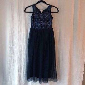 Navy blue dress Sequins bodice tulle skirt.